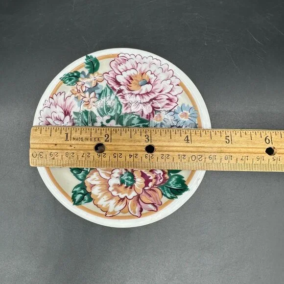 Vintage Soap Dish Floral Round Ceramic 1990s Flowers Bathroom Kitchen Decor - Picture 8 of 9